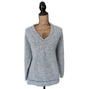 Dylan Sherpa Faux Fur Blue Gray V-Neck Pullover Sweater Shirt Womens Sz XS